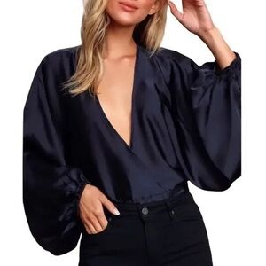 Free People Midnight Vibes Satin Long Sleeve Surplice Top